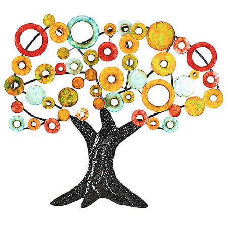 Relieve de pared de metal "Árbol de anillos de colores", decoración de pared colorida