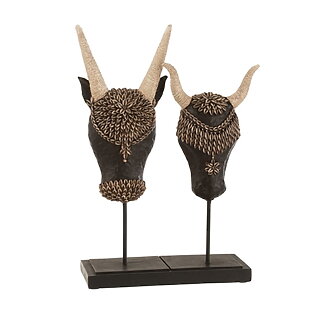 J-Line Archaische Tierskulptur "Kuh- und Stierschädel" mit Ethno-Verzierungen (schwarz/braun)