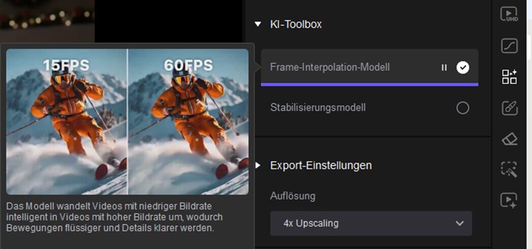 Verbesserund der Bildwiederholungsraten durch ein integriertes Frame-Interpolations-Modell.