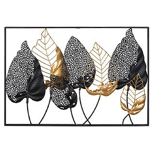 Relieve de pared de metal "Santos" con motivo de hojas y marco negro