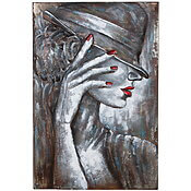 Handbemaltes Metallbild "Casablanca", Frauenportrait mit 3D-Effekt Handgemaltes Leinwandbild "Casablanca", Frauenportrait mit 3D-Effekt