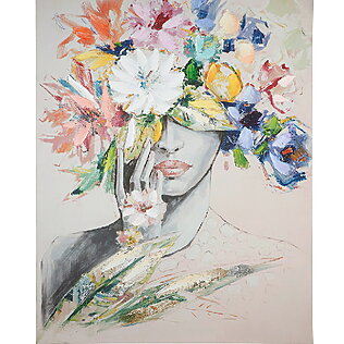 Semiabstraktes Bild „Frau mit Blumenhut“, Kunstdruck auf Kiefernholzplatte