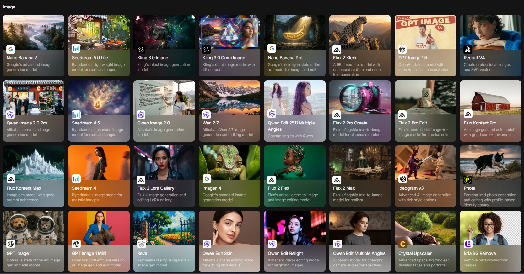 A selection of available AI models for image generation with InVideo.