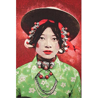 Handmade tapestry wall hanging "Tibetan Girl" by Steve McCurry, stretched on a frame and sound-absorbing