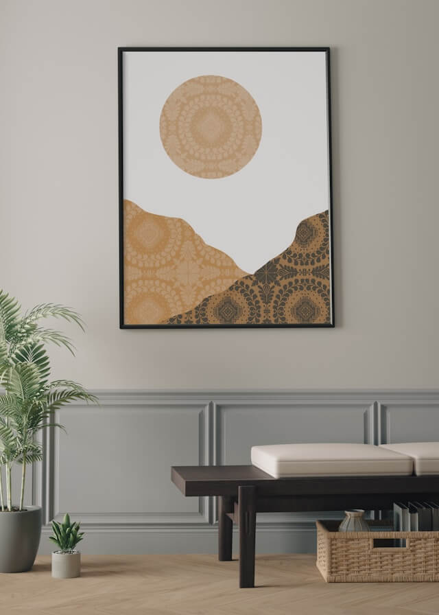 Moderne Kunst mit sanfter Farbgebung und minimalistischem Rahmen eignet sich hervorragend für den Japandi-Trend.