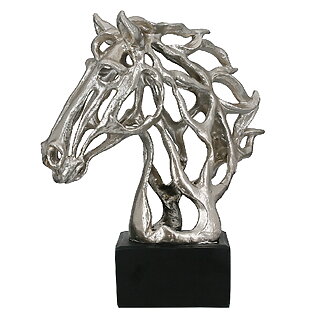 Scultura semi-astratta a forma di testa di cavallo "Cheval", aspetto metallizzato argento
