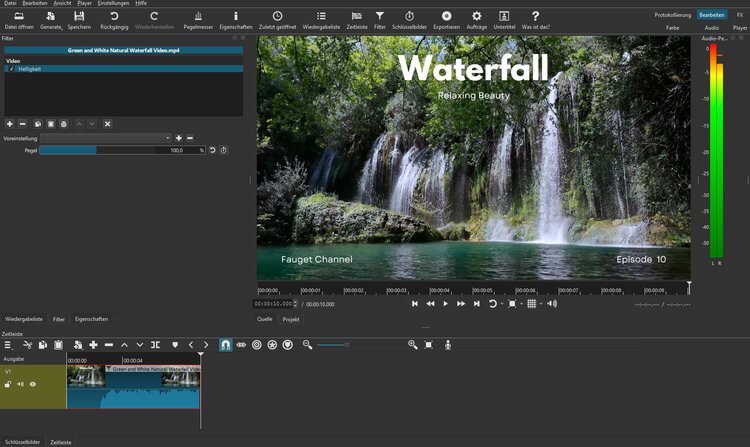 Der Shotcut-Editor mit Filtern, Zeitleiste und Audiospur