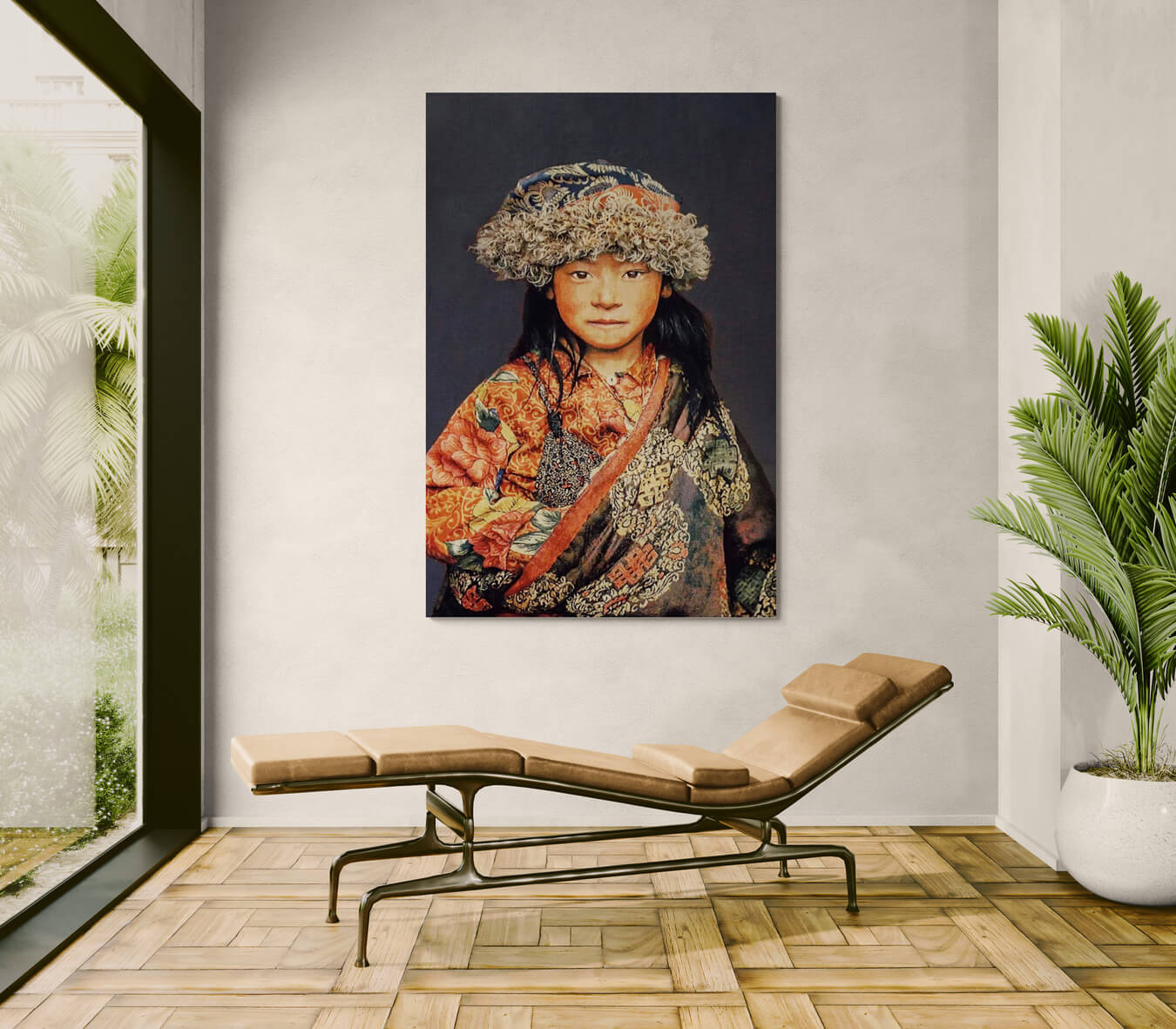 Tapiz de pared tejido a mano "Niño tibetano 2" de Alison Wright, fonoabsorbente (sobre bastidor, fondo gris) Tapiz de pared tejido a mano “Niño tibetano 2” de Alison Wright, tensado sobre un bastidor y con material fonoabsorbente (fondo gris)