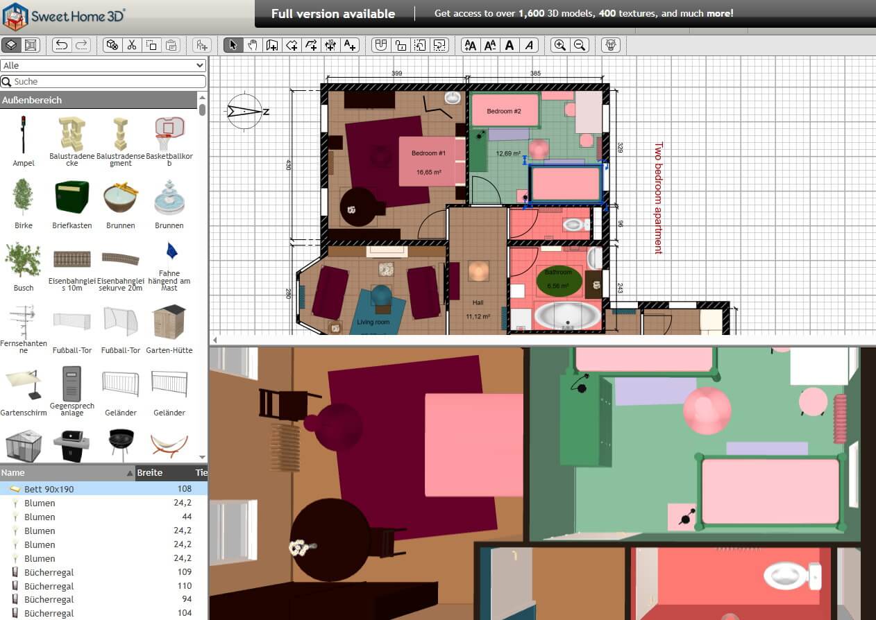 Der Nutzer sieht bei Sweet Home 3D eine Oberfläche, die in zwei Hauptbereiche gegliedert ist: Der genaue 2D-Grundriss ist oben, die Echtzeit-3D-Ansicht unten.