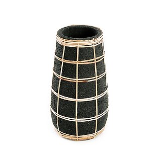 Vase "Cutie" aus Terrakotta mit Bastdetails (schwarz) - M