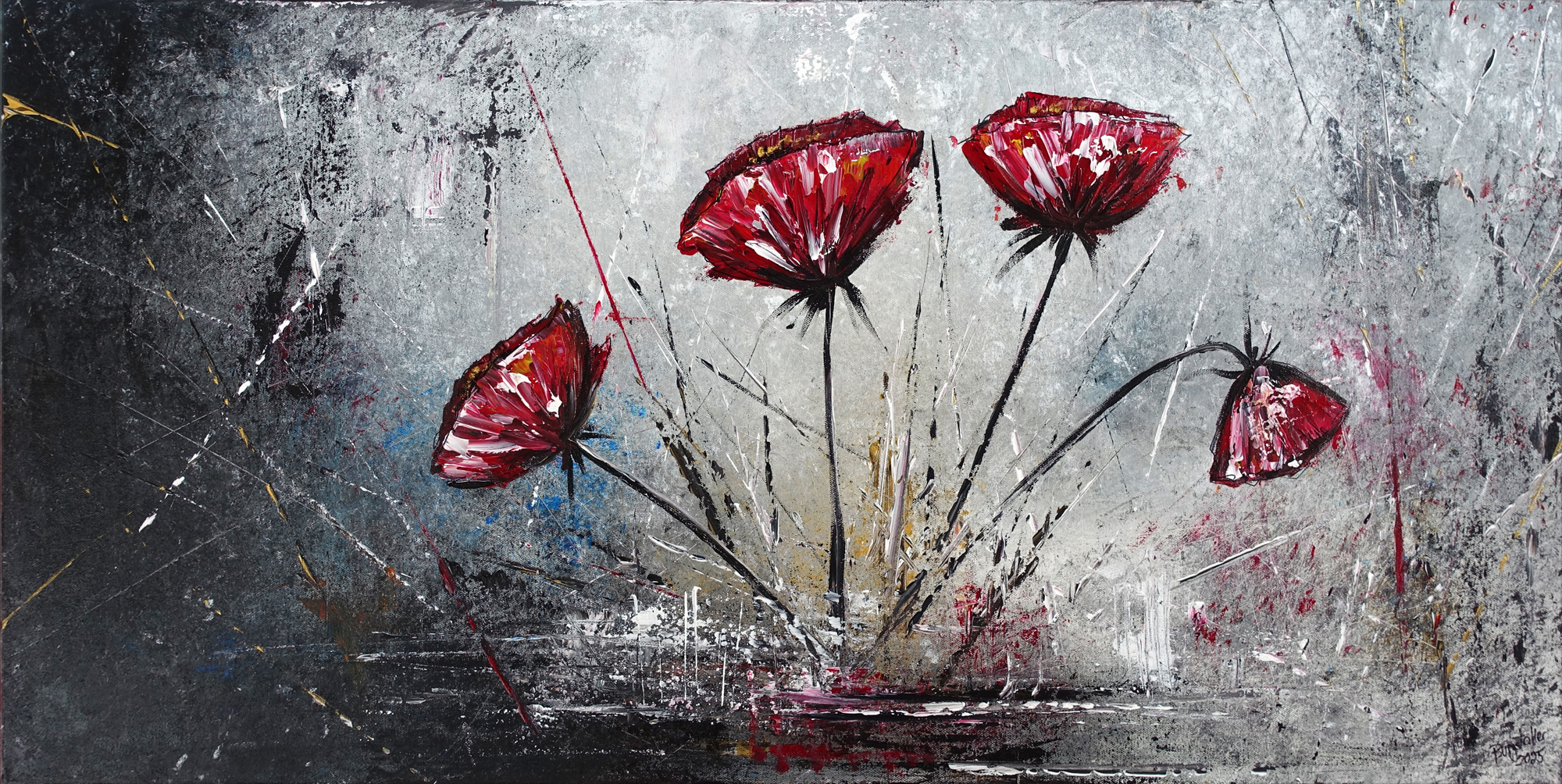 4 Mohnblumen Blumengemälde Blumenkunst abstrakt rot grau