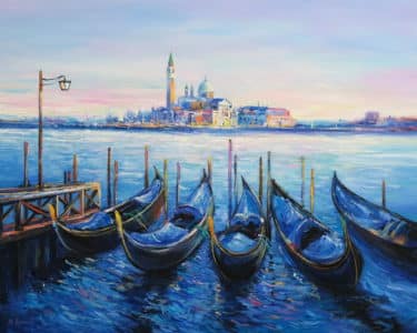 "Venice Gondolas" (2021) - Fotorealistisches Ölgemälde von Behshad Arjomandi