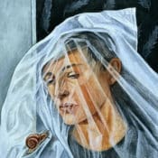Selbstportrait "Self-portrait with a snail" (2022) von Lu Sakhno, Acryl auf Leinwand