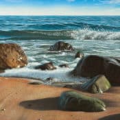 Fotorealistisches Küstengemälde „Am Meer“ von Gerd Bannuscher, Farbenprächtiges Giclée auf Leinwand