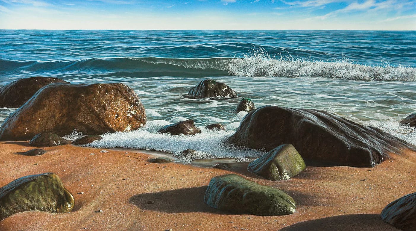 Fotorealistisches Küstengemälde „Am Meer“ von Gerd Bannuscher, Farbenprächtiges Giclée auf Leinwand