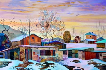 Kunstplaza: Künstler Plattform - Kunst Magazin - Online Galerie Handwerk & Handarbeit Mixed-Media Landschaftsmalerei "Quiet Sunrise" (2022) von Silvia Pavlova, Urban Art