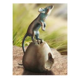 Garden sculpture "Mouse on Apple", hand-chiseled and patinated bronze