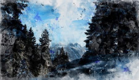 Digitales Outdoor Gemälde "Forest Mountain View" (2020) von theDotRod, Limited Edition Giclée Print