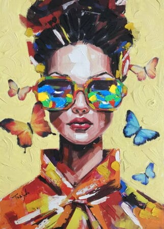 "Woman With Glasses” – Farbenfrohes Frauenportrait von Trayko Popov, Acryl auf Leinwand