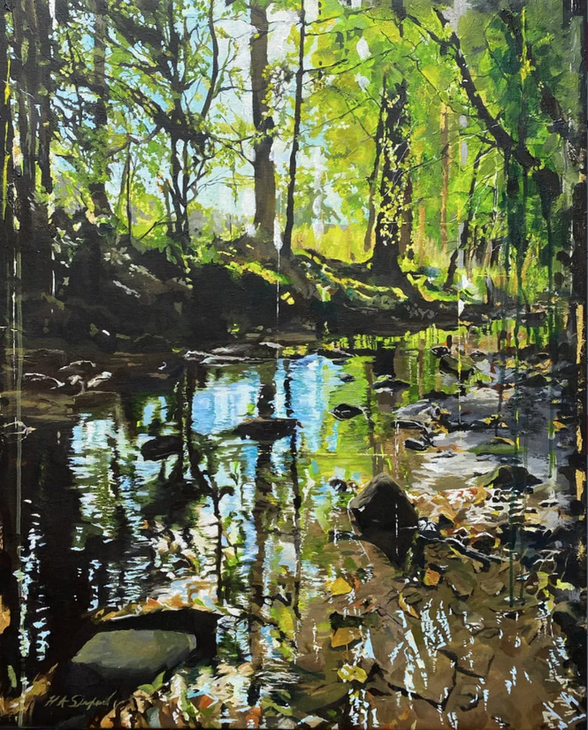 "Nidd Gorge Woodland” (2023) – Landschaftsmalerei von Helen Sinfield, Acryl auf Leinwand