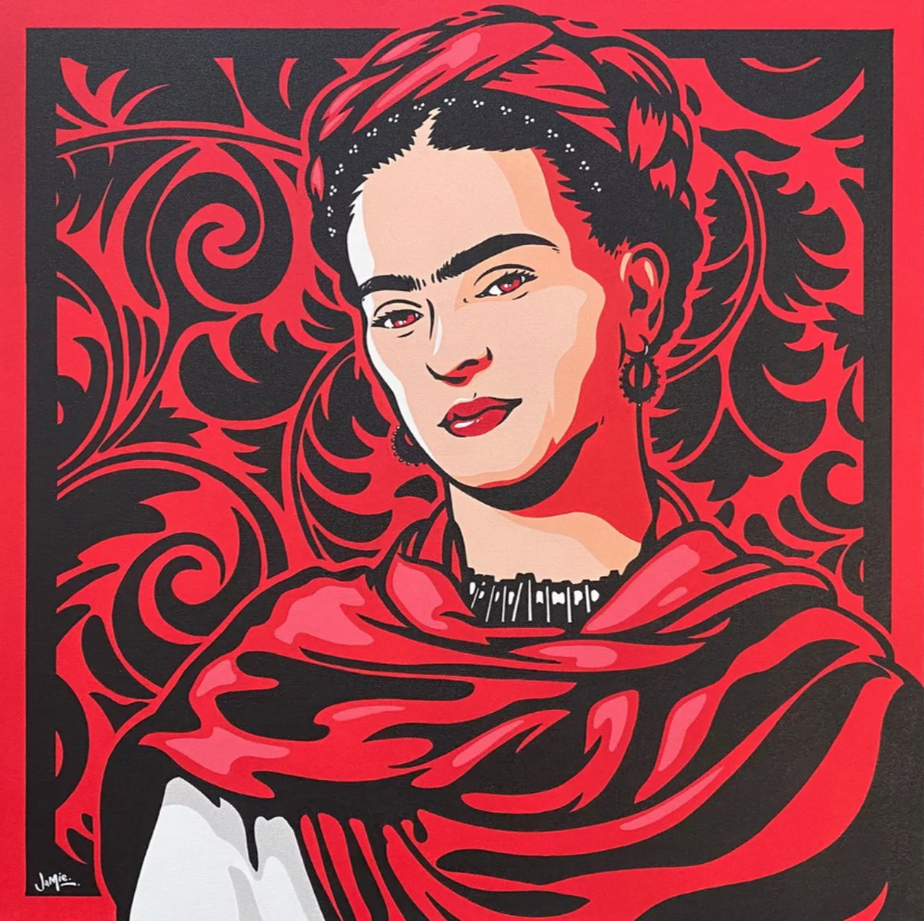 Acrylmalerei "Frida Kahlo Lost In The Flowers" (2020) von Jamie Lee