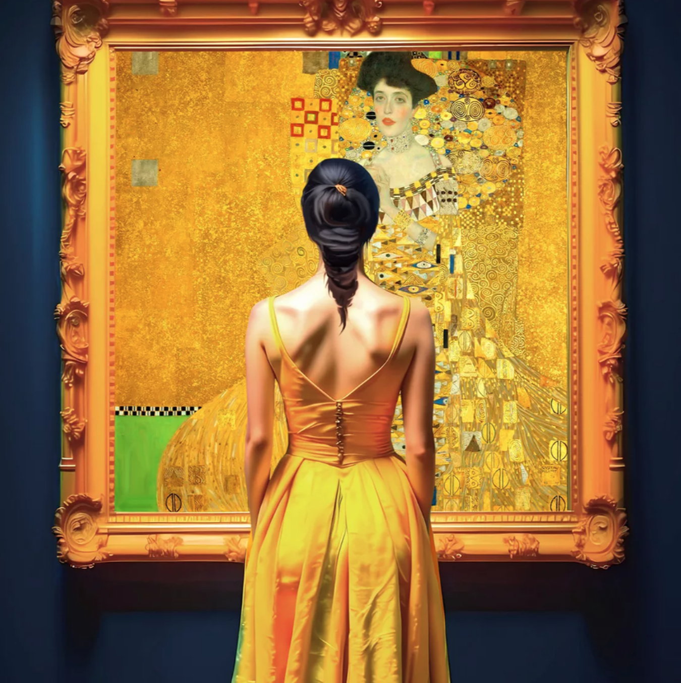 "Woman in museum with Klimt" (2023) - Digitale Kunst von BAST als Giclée-Print auf Leinwand