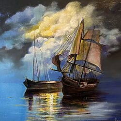 Marinemalerei "Little Ranger - Bartholomew Roberts Ship" (2024) von Reneta Isin, Öl auf Leinwand
