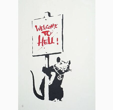 Iconic Street Art &quot;Welcome to Hell (Red)&quot; (2004) by Banksy, limited screen printing on metal
