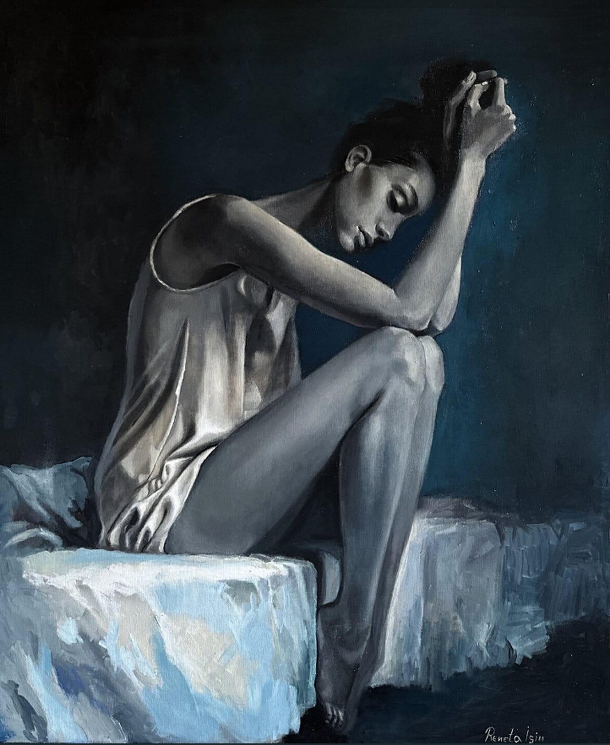 Weibliche Portraitmalerei „Black and White Beauty“ (2019) von Reneta Isin, Öl auf Leinwand
