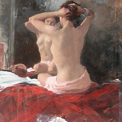 Female Nude &quot;Nude, Hair Arrangement on Red&quot; (2019) by Michael Alford