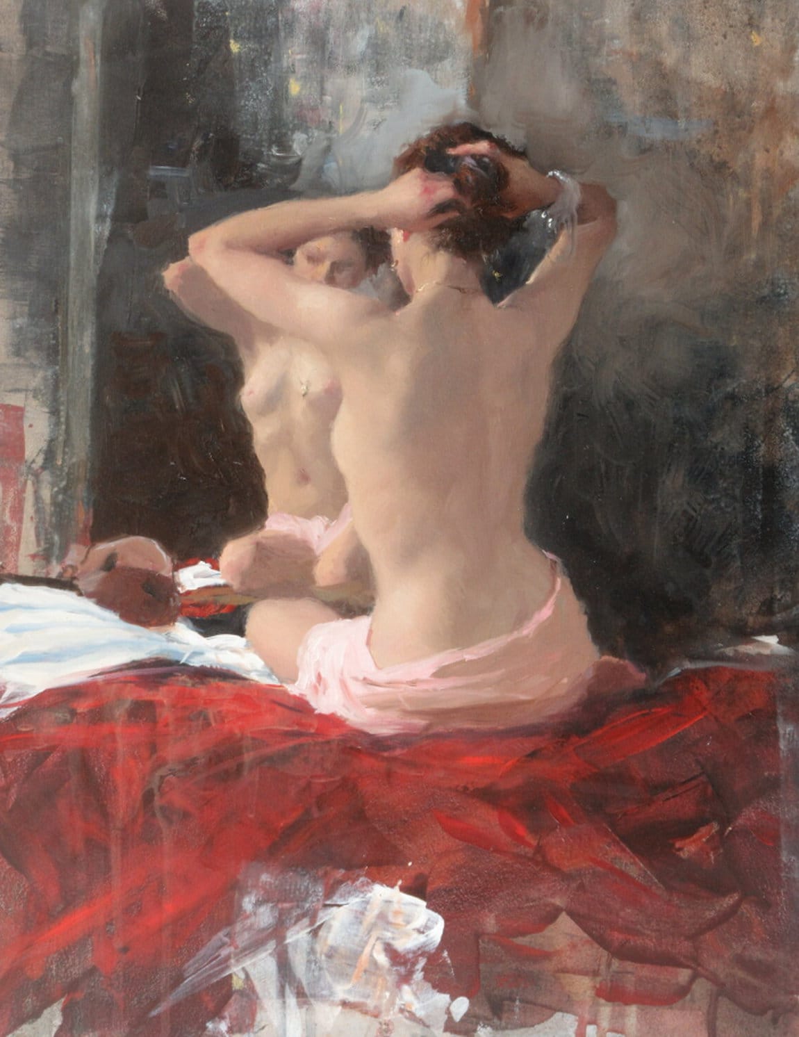 Nu féminin « Nu, coiffure sur fond rouge » (2019) de Michael Alford
