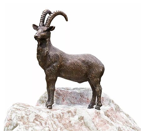 Gartenskulptur "Steinbock" mit Rosario-Findling, Skulptur aus Bronze