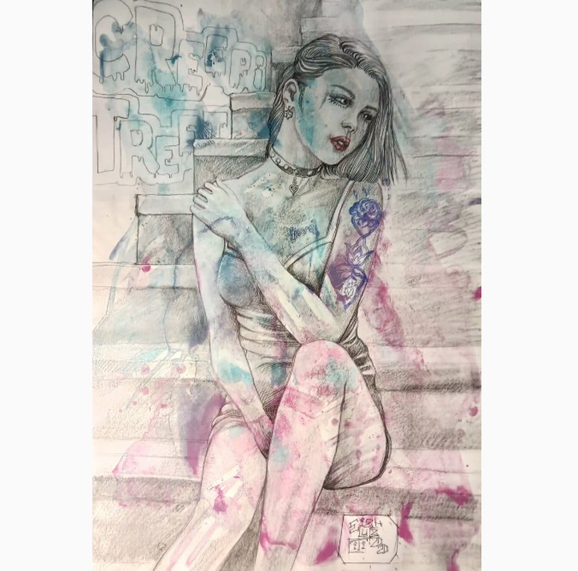 Mixed media watercolor painting &quot;Inked Girl 2&quot; (2020) by Gianluca Citi