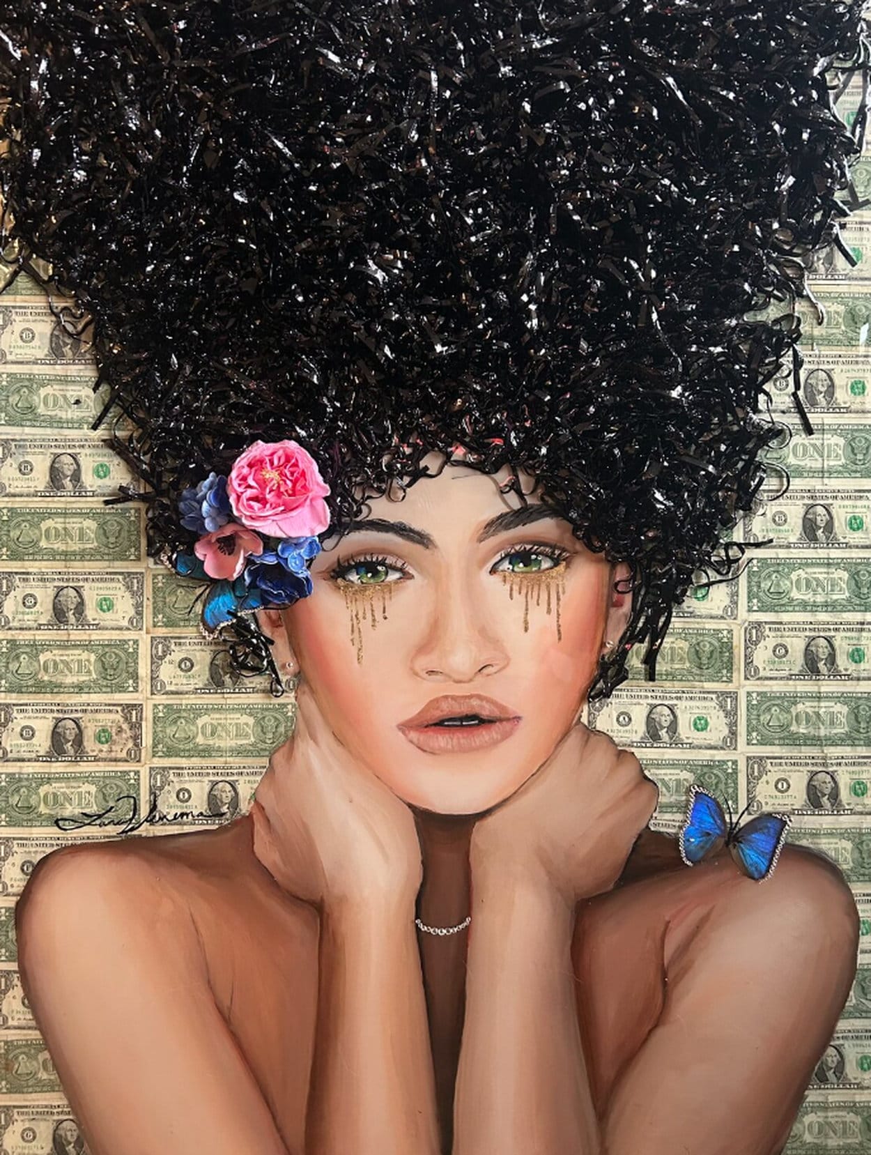 Mixed-Media Painting &quot;The Golden Tears&quot; (2023) by Lara Venema, Pop Art