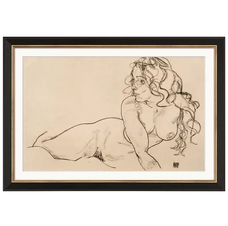 Erotische Kunst - Sinnliche Aktmalerei und ästhetische Skulpturen Kunstwerke 20. jahrhundert Aktzeichnung "Sich aufstützender weiblicher Akt mit langem Haar" (1918) von Egon Schiele, limitierte Reproduktion
