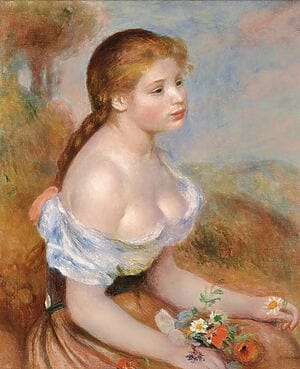 Impressionistisches Portrait "Mädchen mit Margeriten" (1889) von Auguste Renoir, limitierte Reproduktion