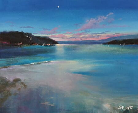 Abstrakte Landschaftsmalerei "Sailing into Moonlight" (2024) von Sandra Michele Knight, Öl auf Leinwand