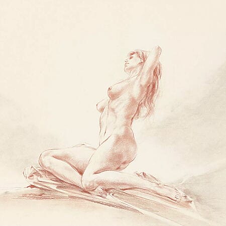 Erotische Zeichnung "Sitzendes Mädchen" von KAY, limitierte Reproduktion auf Bütten