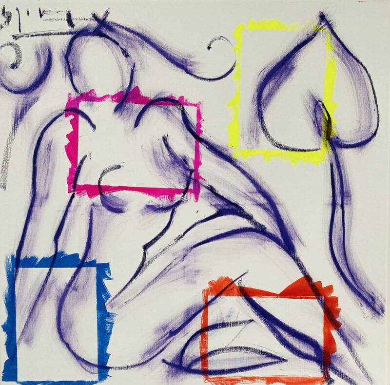 Erotische Kunst - Sinnliche Aktmalerei und ästhetische Skulpturen Kunstwerke 20. jahrhundert Abstrakte Aktzeichnung „Pikdame“ (2023) von Stefan Szczesny, Acryl + Ölkreide auf Leinwand