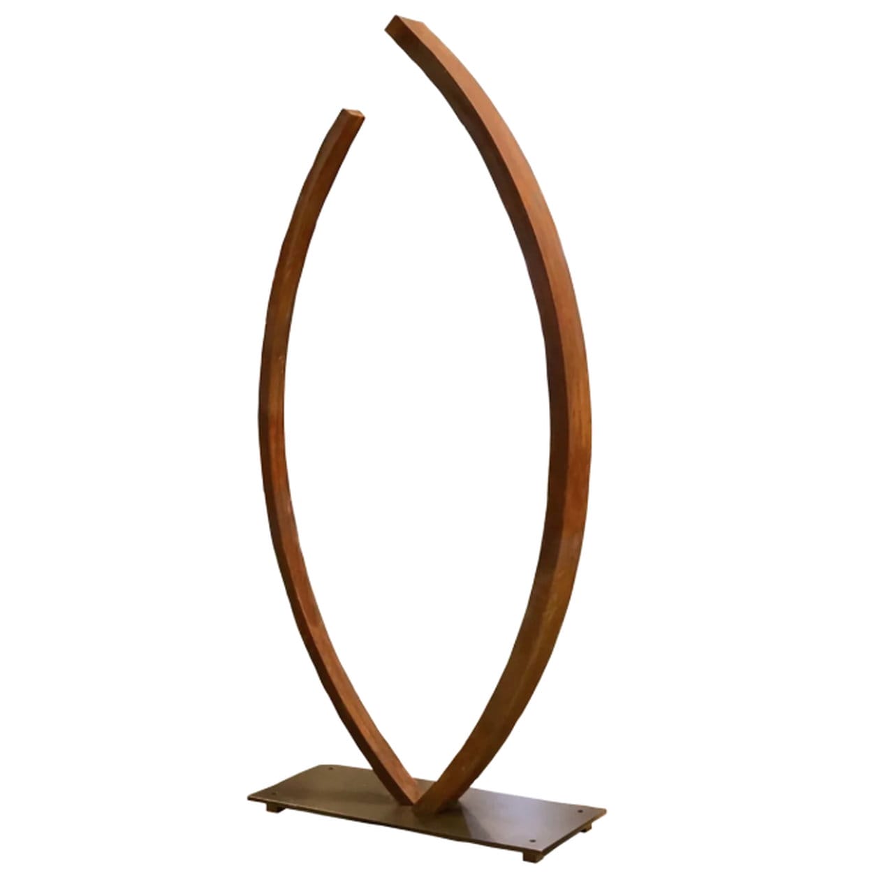 Abstract outdoor sculpture &quot;Embrace&quot; by Jennifer Asher, weathered steel
