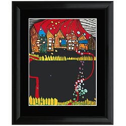 Friedensreich Hundertwasser: "Häuser im Schnee im Silberregen mit rotem Weg", Artprint