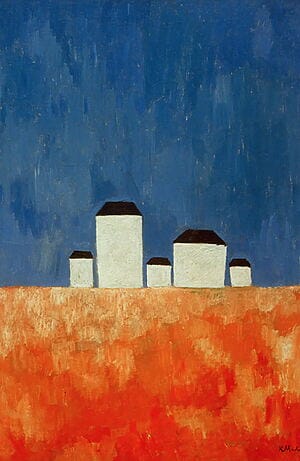 "Paesaggio con cinque case" (1928/29) di Kazimir Malevich, riproduzione limitata