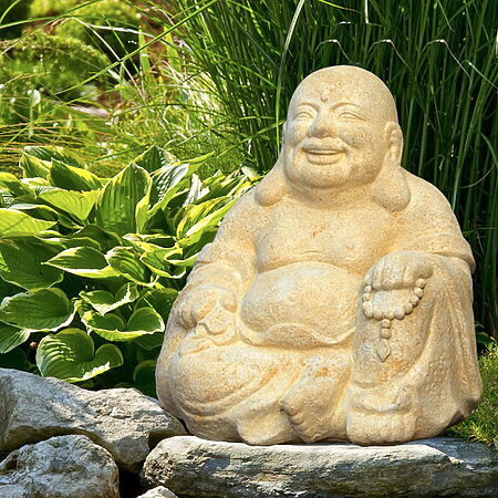 Lachende Buddhafigur "Samadhi", Outdoor-Statue aus Steinguss