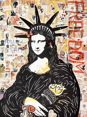 "Mona Lisa Statue of Liberty" (2024) - Mixed Media Gemälde von BAST