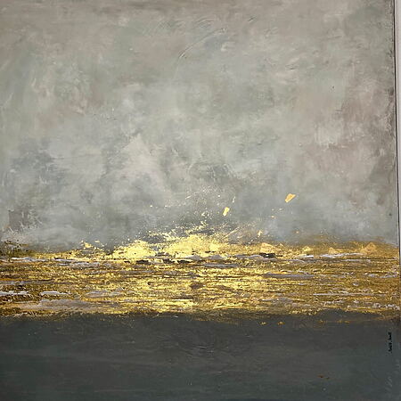 Abstraktes Acrylgemälde "Celestial music" (2024) von Brigitte Dravet, vergoldet auf Leinwand