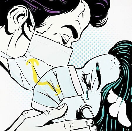 Gesellschaftskritisches Pop-Art „Romance“ von Street-Artist D*Face, limitierte Farblithographie