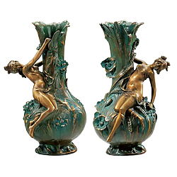 Replikat von Louis Auguste Moreau: 2 Vasen "Marguerites" und "Coquelicot" in Bronze (antikgrün)