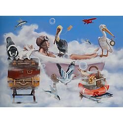 Surrealistische Acrylmalerei „Lady Lindy l'aviatrice“ (2023) von Nathalie Roure