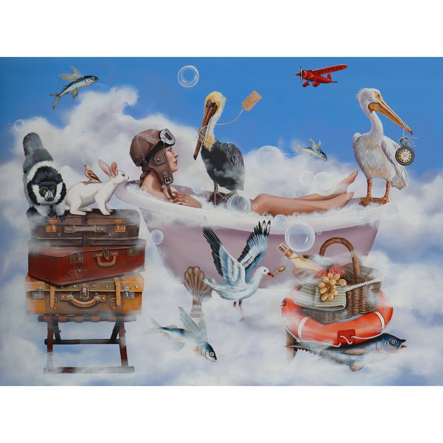 Surrealistische Acrylmalerei „Lady Lindy l'aviatrice“ (2023) von Nathalie Roure