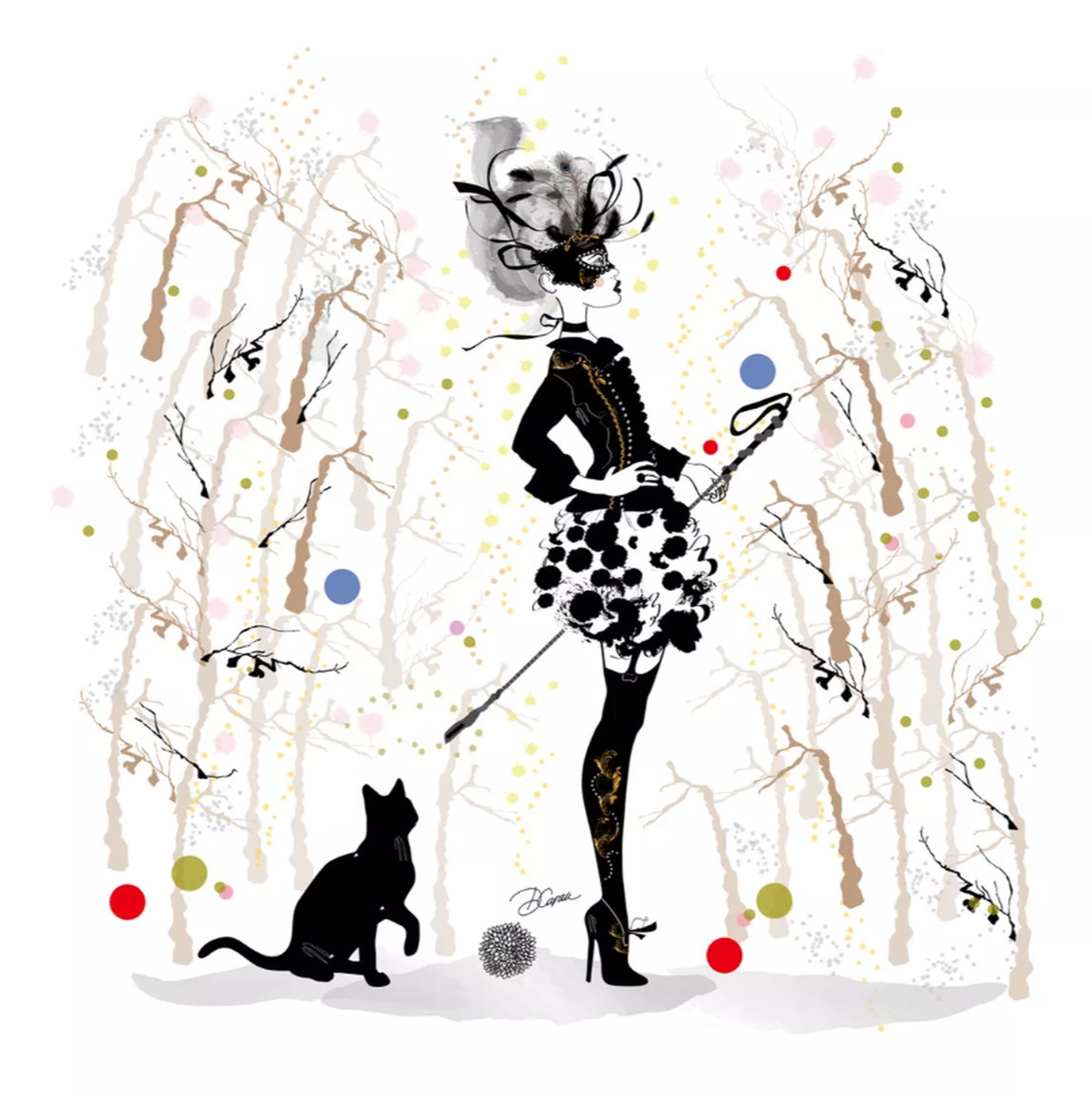 "The Cat and Nicole" (2020) von Artemisia, Tuschezeichnung im Art déco Stil